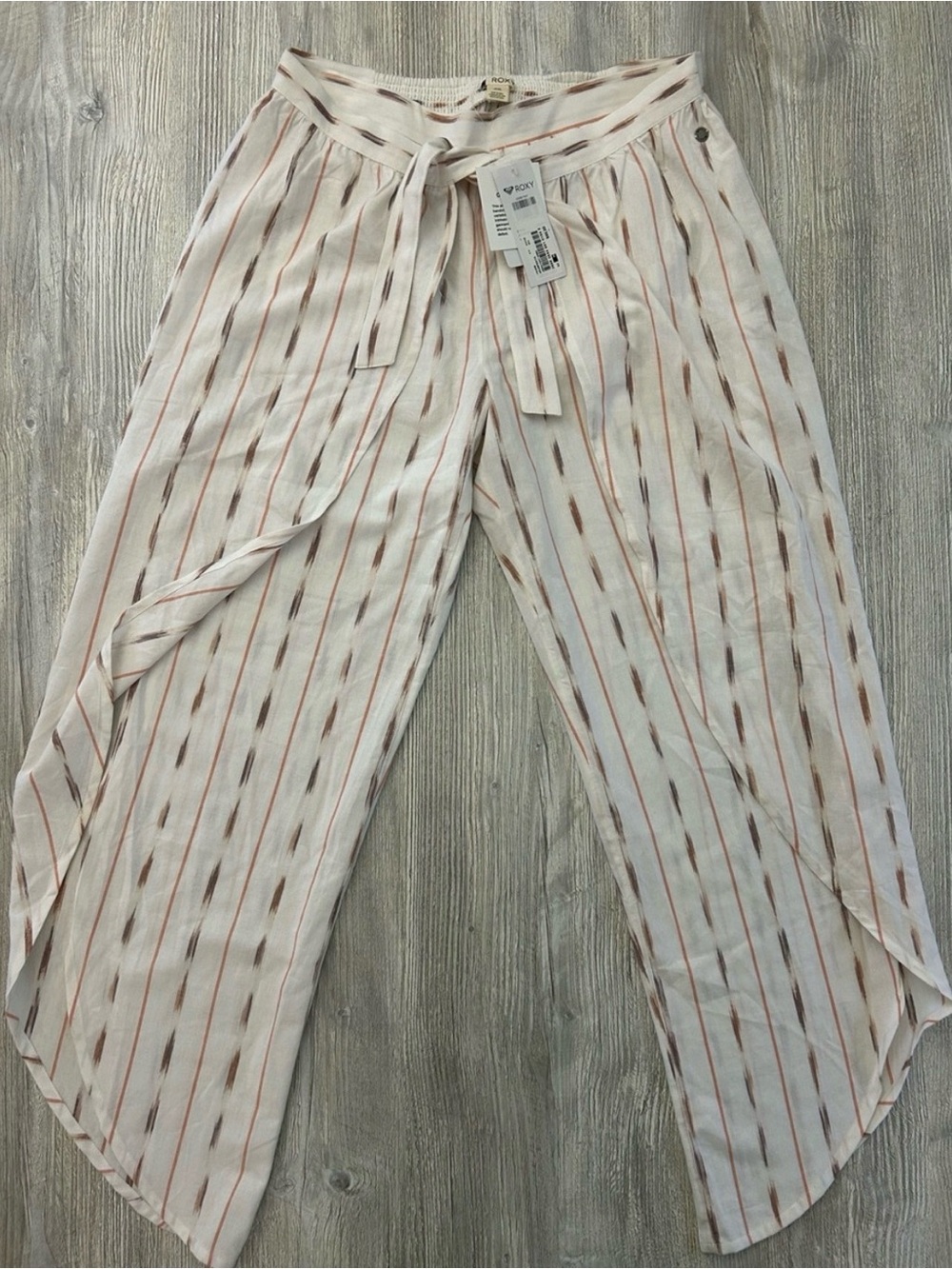 NWT Roxy Jessa Wrap Beach Pants Cream Striped Wide Leg Slit Medium Tie Waist